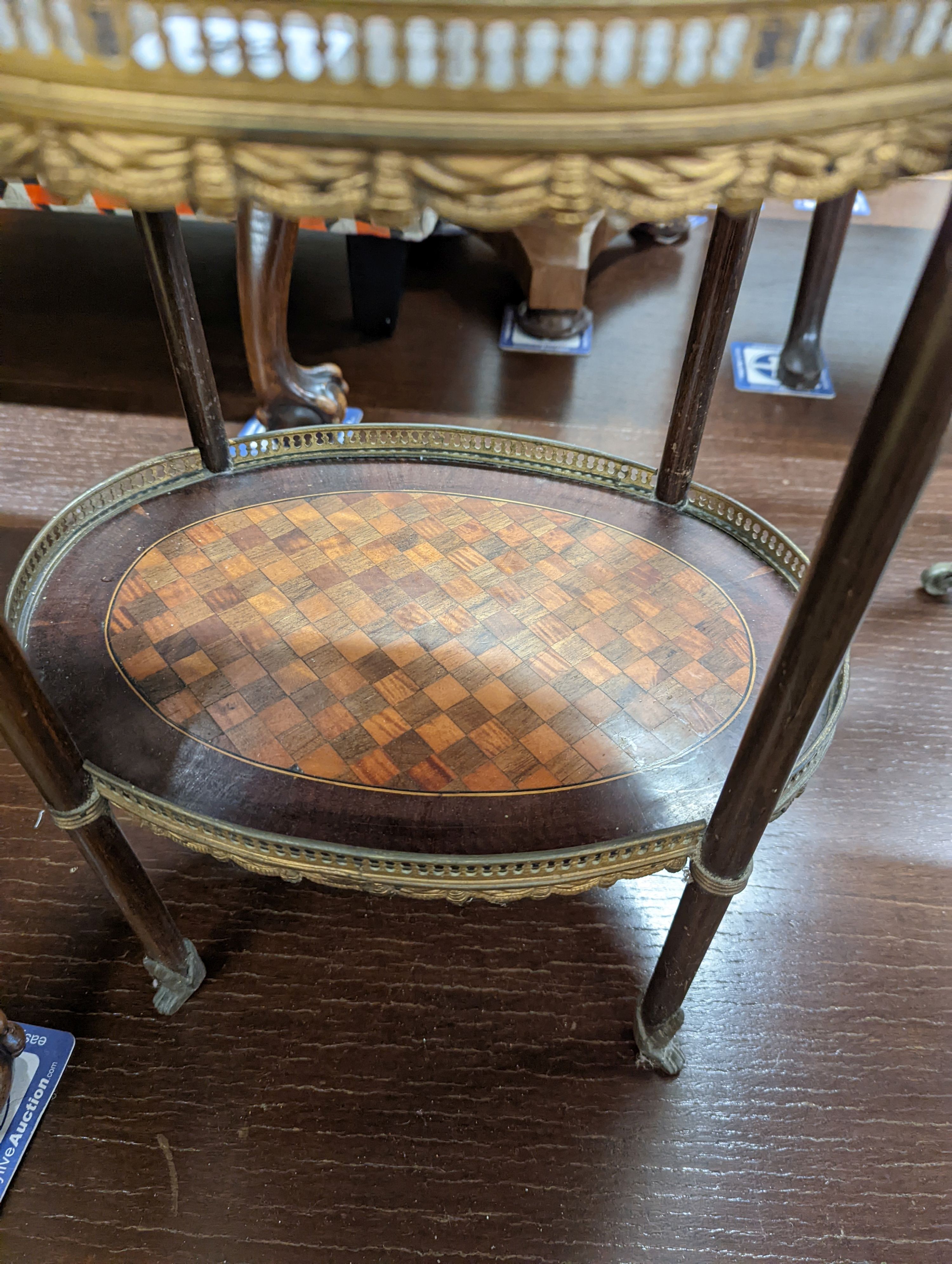 A 19th century French parquetry inlaid gilt metal mounted three tier etagere, width 40cm, depth 30cm, height 72cm